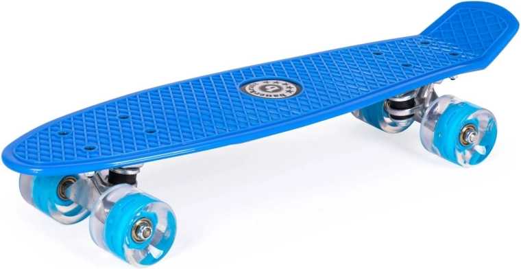 Modrá fiszka (penny board) se svítícími LED kolečky
