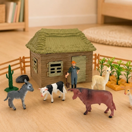 5 farmářských zvířat + farmář s vidlemi