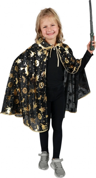 Dětský čarodějnický plášť na Halloween, černý se zlatými motivy