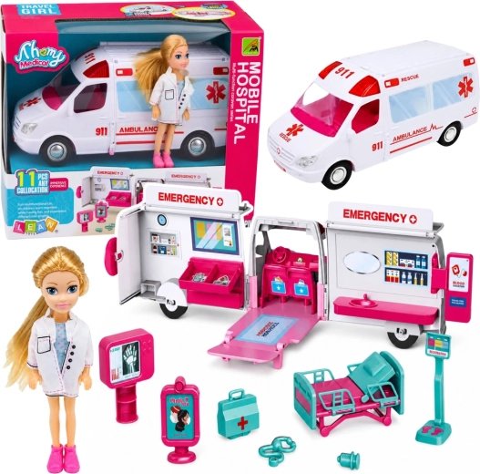 Rozkládací sanitka pro panenky s mini doktorkou a příslušenstvím (11 dílů)