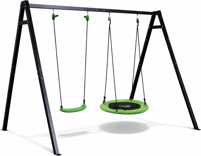 Zahradní houpačka 2v1 s konstrukcí, hnízdo a sedák, černá, 260 × 210 × 173 cm