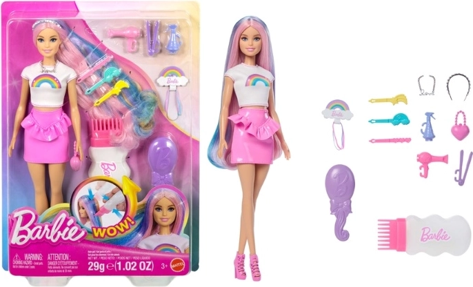 Barbie panenka s duhovými vlasy a třpytivým stylingem