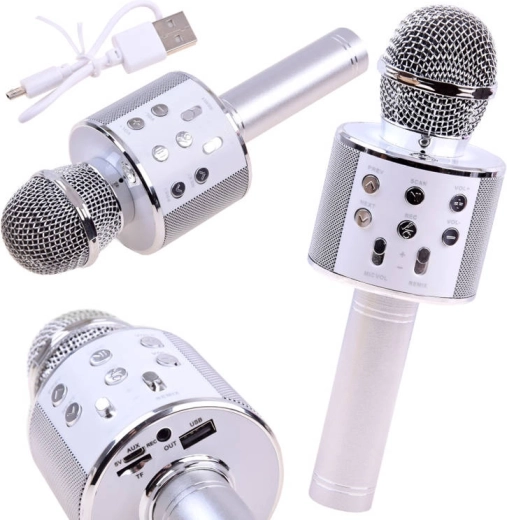 Bezdrátový karaoke mikrofon s reproduktorem Bluetooth a modulací hlasu – Stříbrná in0136