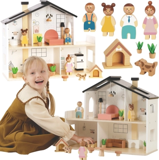 Tooky Toy dřevěný domeček pro panenky s příslušenstvím a rodinkou (20 ks)