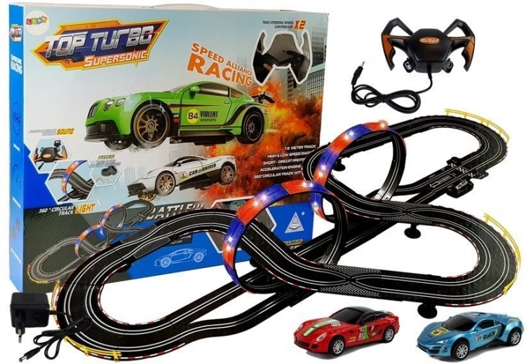 Závodní dráha 1:43 se 2 autíčky Top Turbo se světly, délka 7,6 m