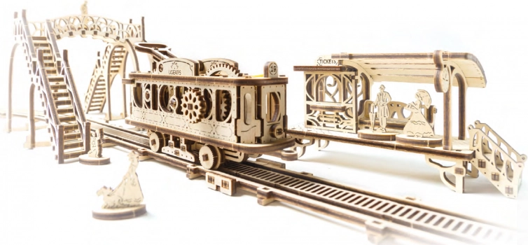 Dřevěná mechanická stavebnice UGEARS tramvajová linka Mechanical Town