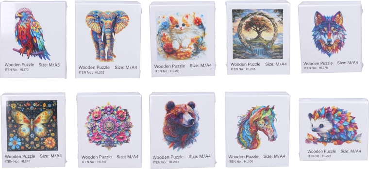 Kreativní dřevěné puzzle A4 s motivy zvířat a mandal - 1 kus