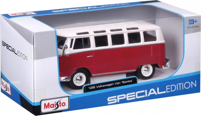 Kovový model volkswagen samba bílo‑červený 1:25