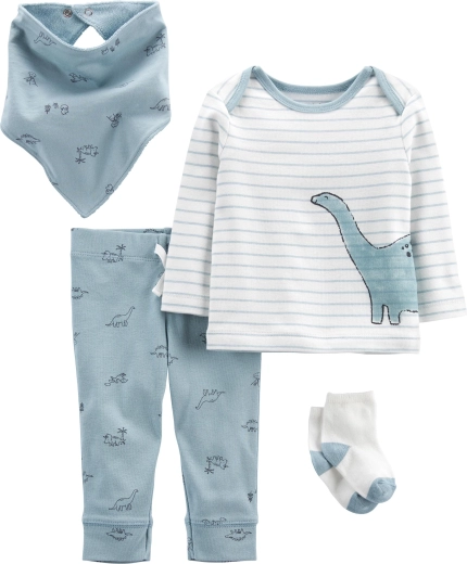 Carter's 4dílný set pro kluky Blue Dino – tričko s dlouhým rukávem, tepláky, ponožky a bryndáček