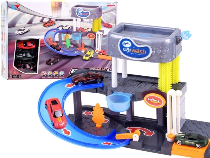 Dvoupodlažní myčka aut s tekoucí vodou, výtahem a efekty