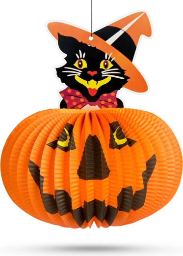 Halloweenský papírový lampion dýně s motivem kočky – 1 kus
