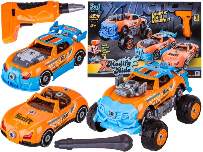 Rozebíratelné a sestavitelné auto 3v1 tuning s aku šroubovákem (monster truck) - 1 kus