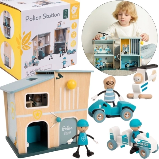 Classic World dřevěná policejní stanice s auty, helikoptérou a figurkami