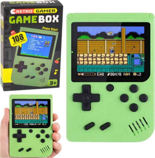 Přenosná retro herní konzole s LCD displejem, 108 her, zelená
