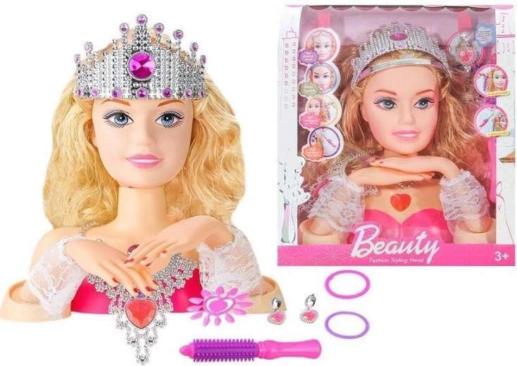 Hlava panenky pro stylizaci s korunkou a doplňky