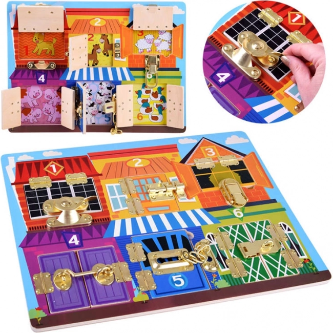 Dřevěná smyslová manipulační tabule se zámky a čísly