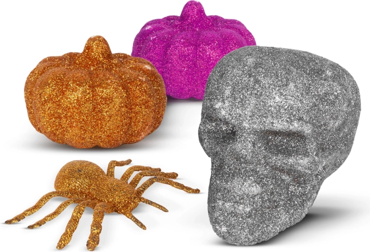Glitrová halloweenská dekorační sada s pavoukem, lebkou a dýněmi