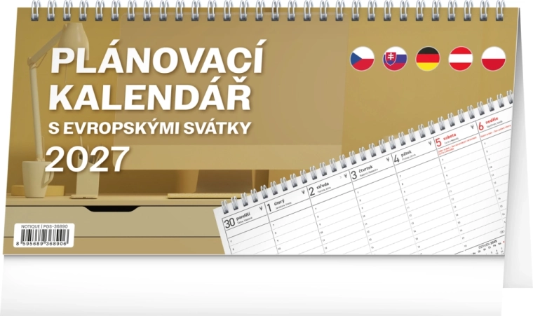 Notique stolní plánovací kalendář s evropskými svátky 2027 (25 × 12,5 cm)