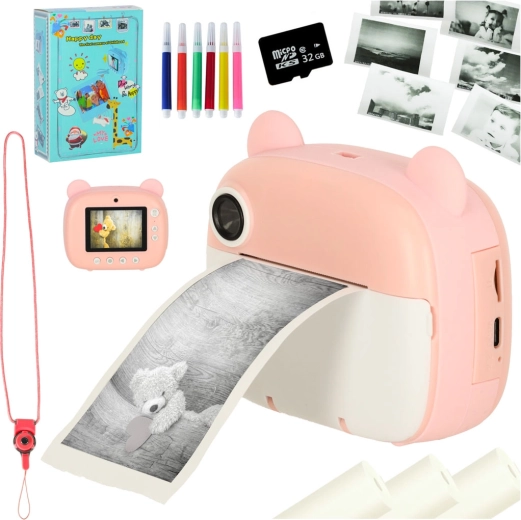 Dětský instantní fotoaparát s termotiskárnou – růžový medvídek, 32 GB karta