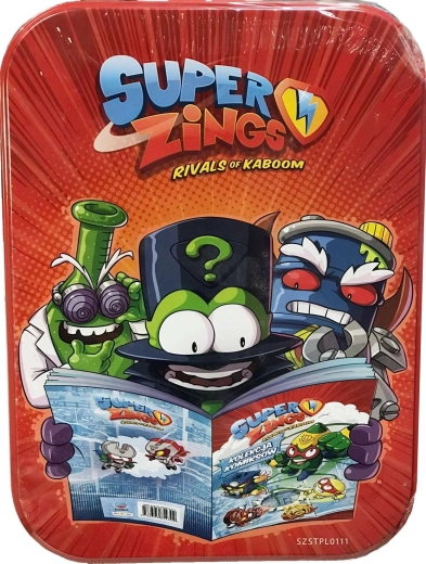 SuperZings sběratelská plechovka s komiksem, pláštěm a magnetem – poškozený obal