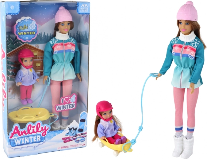 ANLILY maminka s dcerou na sáňkách – zimní set panenek se sáněmi