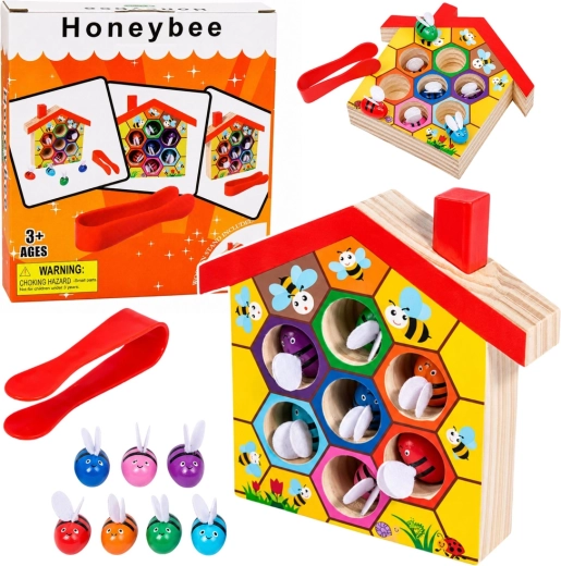 Dřevěný montessori úl s včelkami a pinzetou (7 ks)