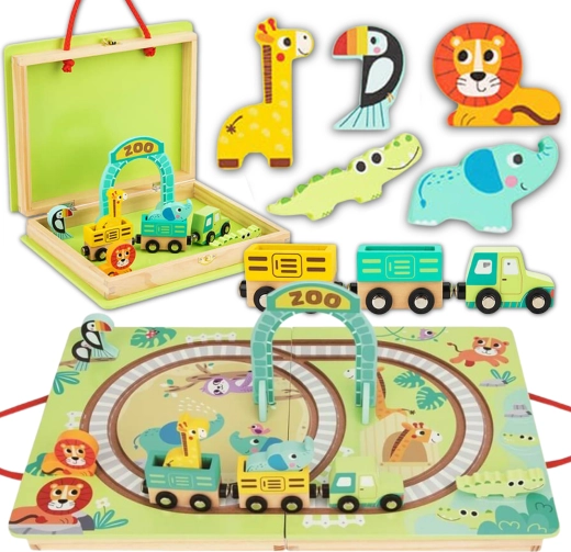 Tooky Toy dřevěná vlaková sada ZOO v kufříku s magnetickými vagónky