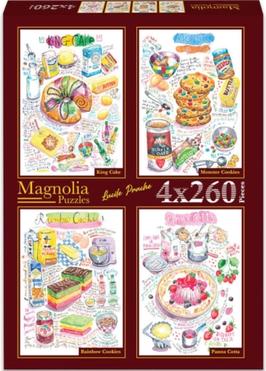 Magnolia puzzle bábovka, příšerkové sušenky, duhové sušenky a panna cotta 4x260 dílků