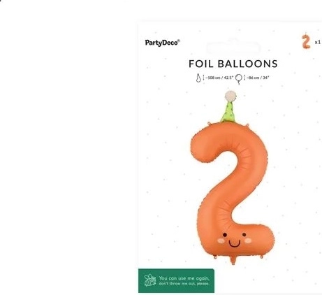 PartyDeco fóliový balónek číslo 2 oranžový s obličejem 86 cm