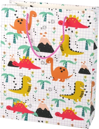 Dárková taška s dinosaury, kostkovaný motiv, 32 × 26 × 10 cm