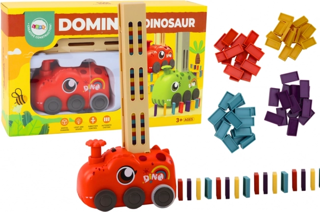 Červený dinosauří vláček na baterie stavějící barevné domino