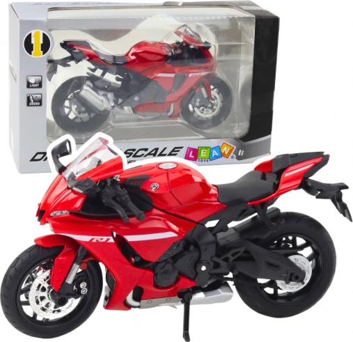 Sportovní kovový motocykl červený s osvětlením a zvuky R1 1:12