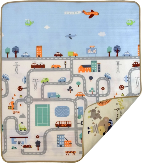 Humbi oboustranná pěnová hrací podložka Město a zvířátka 100 × 150 × 1 cm
