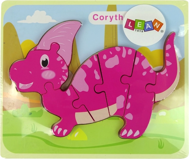 Dřevěné puzzle dinosaurus Corythosaurus růžový a Spinosaurus fialový