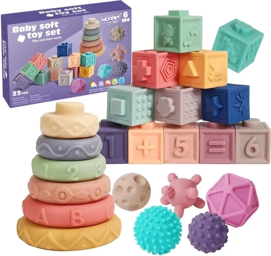 Woopie smyslové stavební kostky 23 ks s kroužky a míčky