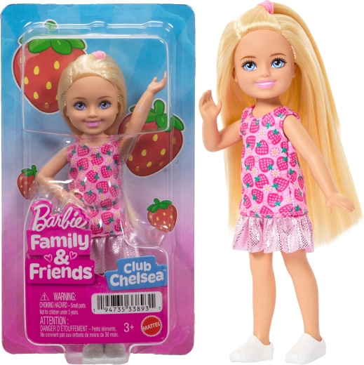 Barbie Club Chelsea blondýnka v jahodových šatech 14 cm