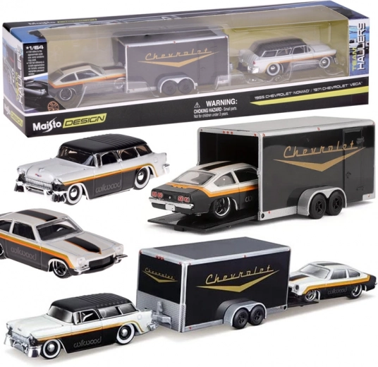 Maisto kovová auta Chevrolet Nomad 1955 a Chevrolet Vega 1971 s přívěsem