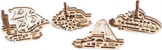 Ugears 3D dřevěné mechanické puzzle – 4 mechanické přívěsky Plavidla