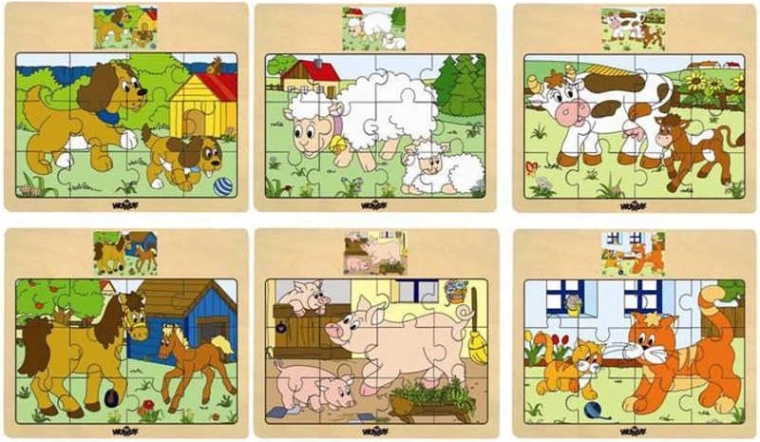 Woody dřevěné puzzle na desce domácí zvířátka s mláďátky - 1 kus