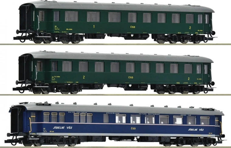 Roco sada 3 osobních vagónů rychlíku ČSD, epocha III–IV, H0