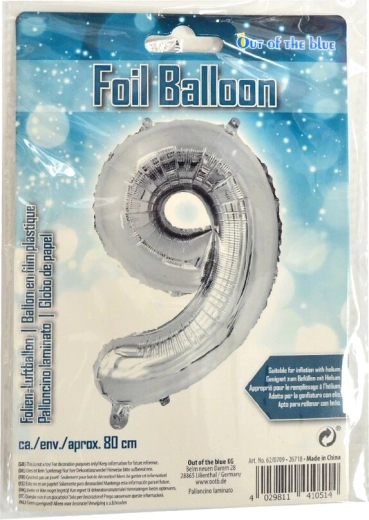 Fóliový balónek číslo 9 stříbrný 80 cm