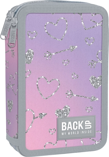 Dvoukomorový školní penál s vybavením BackUP třpytivá srdíčka