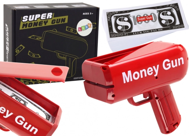 Střílející pistole na peníze Money Gun – červená party vyrážečka bankovek