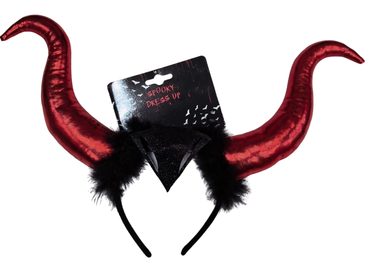 Halloween čelenka s červenými rohy a peřím