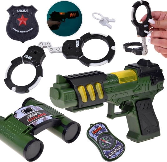 Sada malého policisty SWAT s pistolí se světlem a zvukem, lornetkou a pouty