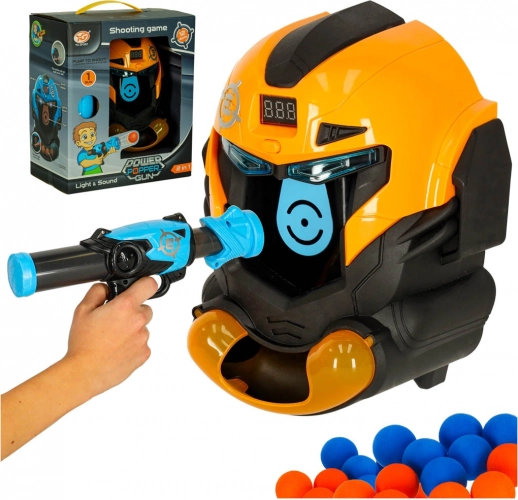 střelecká hra s robotickou hlavou a pěnovými kuličkami