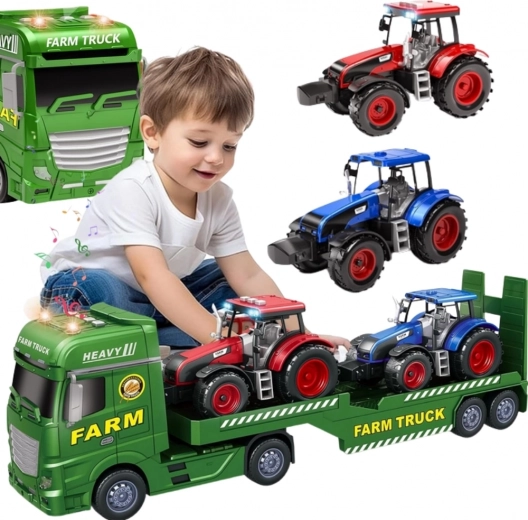 Woopie odtahový kamion s traktory – světla a zvuky, farma 1:12