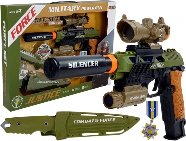 Vojenský hraček set s pistolí, nožem a medailí se světly a zvuky
