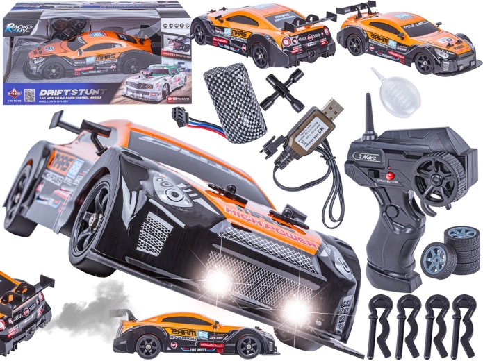 Dálkově ovládané driftovací auto na vodní páru 1:16 2,4 GHz 4WD s LED, oranžové (inspirované Nissan GTR)