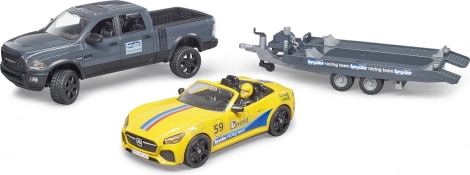 Bruder terénní pick-up RAM s přívěsem, sportovním vozem a figurkou